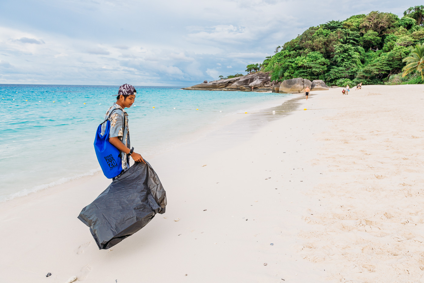 Nack of the Wicked Diving crew leads trash pick up on the Similan Islands during our liveaboard