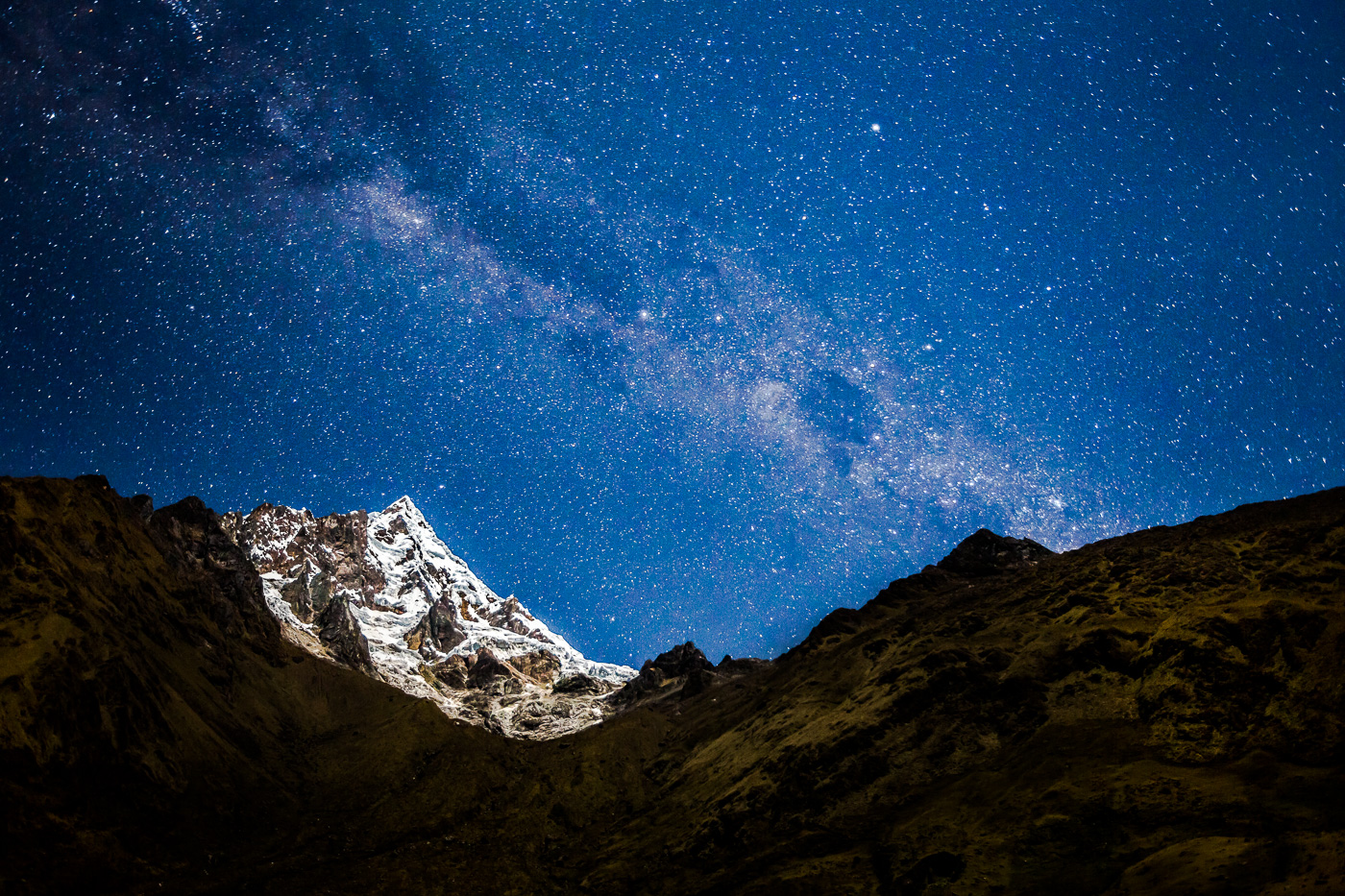 The milky way hangs over the Salkantay mountain during our trek to Machu Picchu.