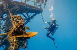 Koh Kood Divers dive master Adrian hangs from the crows nest of the HTMS Chang ship wreck off the coast of Koh Chang Thailand