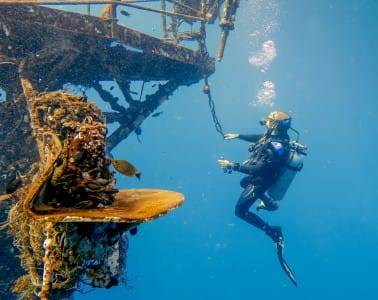 Koh Kood Divers dive master Adrian hangs from the crows nest of the HTMS Chang ship wreck off the coast of Koh Chang Thailand