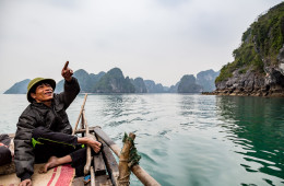 Our ride aboard a fishermen's boat exploring Bai Tu Long in Halong Bay