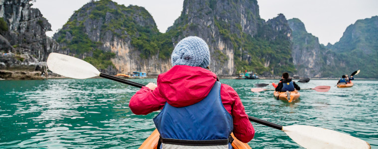 Taking a turn around Bai Tu Long on Halong Bay aboard kayaks